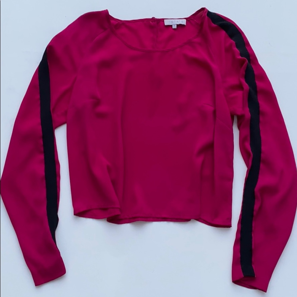 1.State Fuschia Stripe Arm Short Blouse Top